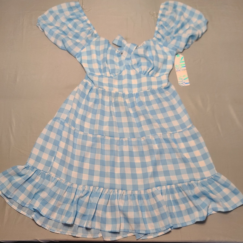 Almost Famous Mini Dress Womens XL Blue Gingham Puff Sleeve Tiered Ruffle Cutout